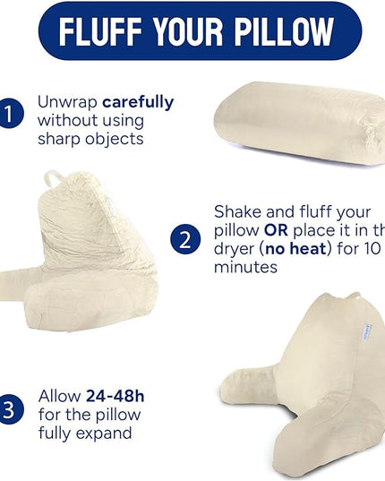 ComfortSpa Reading Pillow for Bed Adult Size, Back Rest Pillow with Arms, Pockets and Washable Cover; Use as a Back Pillow for Sitting in Bed for Bedrest or Relief from GERD Heartburn (Cream) - LeafyLoom