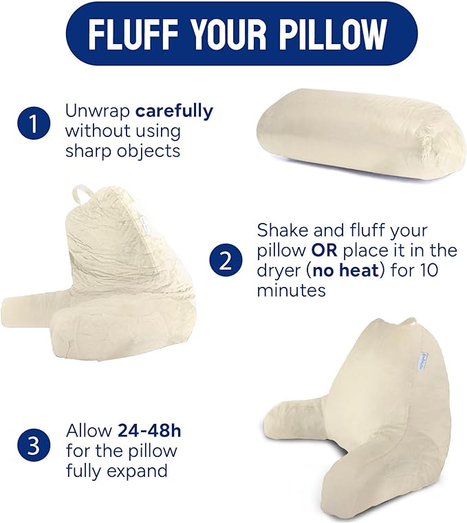 ComfortSpa Reading Pillow for Bed Adult Size, Back Rest Pillow with Arms, Pockets and Washable Cover; Use as a Back Pillow for Sitting in Bed for Bedrest or Relief from GERD Heartburn (Cream) - LeafyLoom