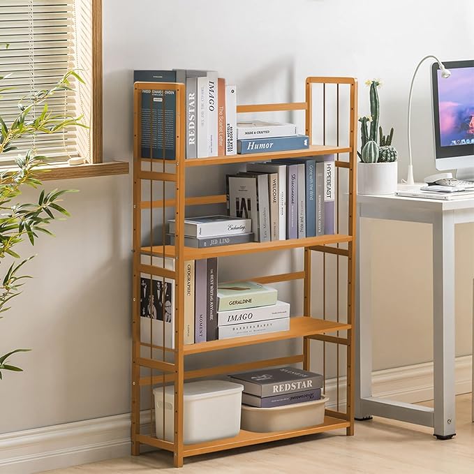 IOTXY Adjustable Bamboo Open Bookshelf - Small 6-Tier Tall Free Standing Storage Rack, Multifunctional Display Stand for Home and Office, Bookcase, Light Brown - LeafyLoom