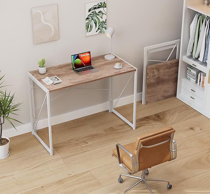 Coavas 39.4 inch Folding Desk No Assembly Required, Writing Computer Desk Space Saving Foldable Table Simple Home Office Desk, Oak - LeafyLoom