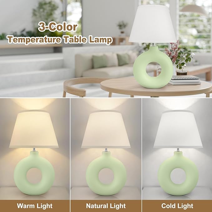Green Ceramic Table Lamp for Living Room Bedroom, 21" Modern Bedside Lamps for Kids Room 3 Color Temperature Small Table Lamps for Night Stands, Dorm, Dining Room, Home Décor (Bulb Included) - LeafyLoom