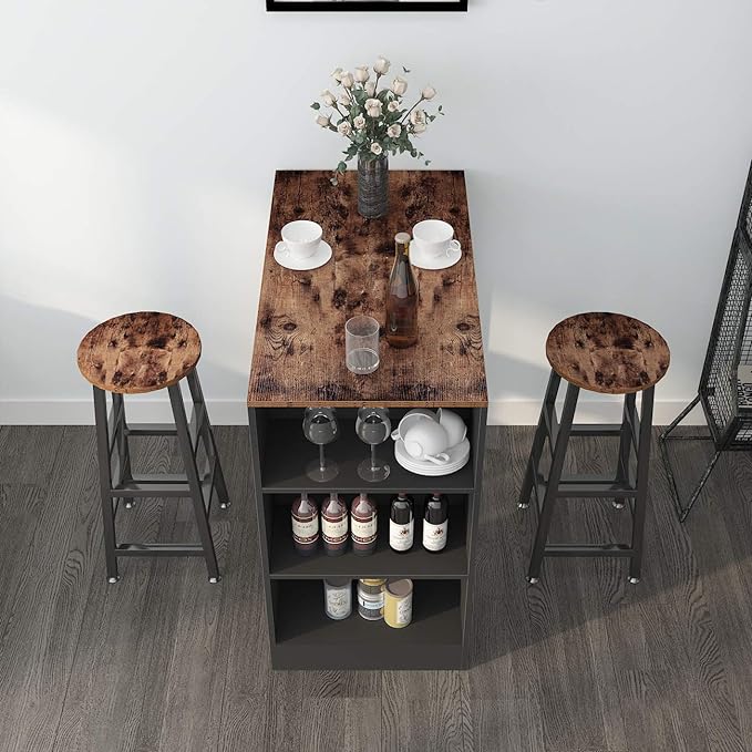 sogesfurniture 3-Piece Bar Table Set, 35.8inches Dining Room Set Dining Table with 2 Stool, Dining Table with 3 Open Storage Shelves for Dining Room, Living Room, Brown - LeafyLoom