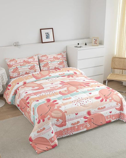 Cute Axolotl Comforter Set Queen Size Rainbow Stripes Quilt Set Animal Theme Bedding Comforters 3pcs for Kids Teens Room Decor,Pink Romantic Soft Duvet Set with 2 Pillowcases - LeafyLoom