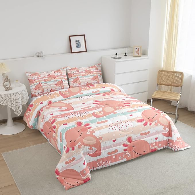 Cute Axolotl Comforter Set Queen Size Rainbow Stripes Quilt Set Animal Theme Bedding Comforters 3pcs for Kids Teens Room Decor,Pink Romantic Soft Duvet Set with 2 Pillowcases - LeafyLoom