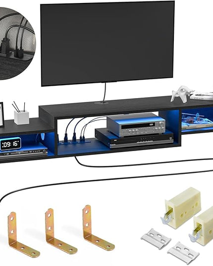 FABATO 59'' Floating TV Stand with LED Light Power Outlet, Floating Shelf for Under TV Wall Mount with Storage Shelf, Media Console Entertainment Center for Living Room, Black - LeafyLoom