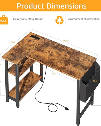 Small L Shaped Desk with Power Outlet Shelves, 40 Inch Corner Desk for Small Space Home Office, Study Work Computer Desks with Charging Station, Rustic Brown - LeafyLoom