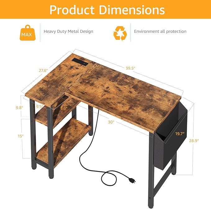 Small L Shaped Desk with Power Outlet Shelves, 40 Inch Corner Desk for Small Space Home Office, Study Work Computer Desks with Charging Station, Rustic Brown - LeafyLoom
