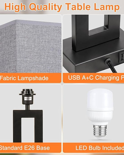 22" Tall Living Room Lamps for Night Stands - Touch Bedside Lamp with USB C+A, 3 Way Dimmable bedroom Lamps for End Tables Set of 2, Modern Night Stand Lamps for Bed Side(Grey&Black) - LeafyLoom