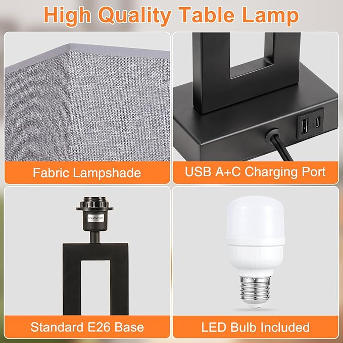 22" Tall Living Room Lamps for Night Stands - Touch Bedside Lamp with USB C+A, 3 Way Dimmable bedroom Lamps for End Tables Set of 2, Modern Night Stand Lamps for Bed Side(Grey&Black) - LeafyLoom