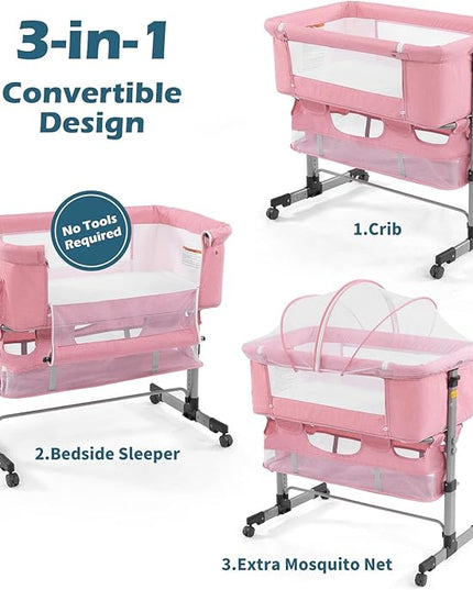 3 in 1 Travel Baby Crib,Baby Bed with Breathable Net,Adjustable Portable Bed for Infant/Baby with Detachable Mosquito net and Mattress,Pink - LeafyLoom