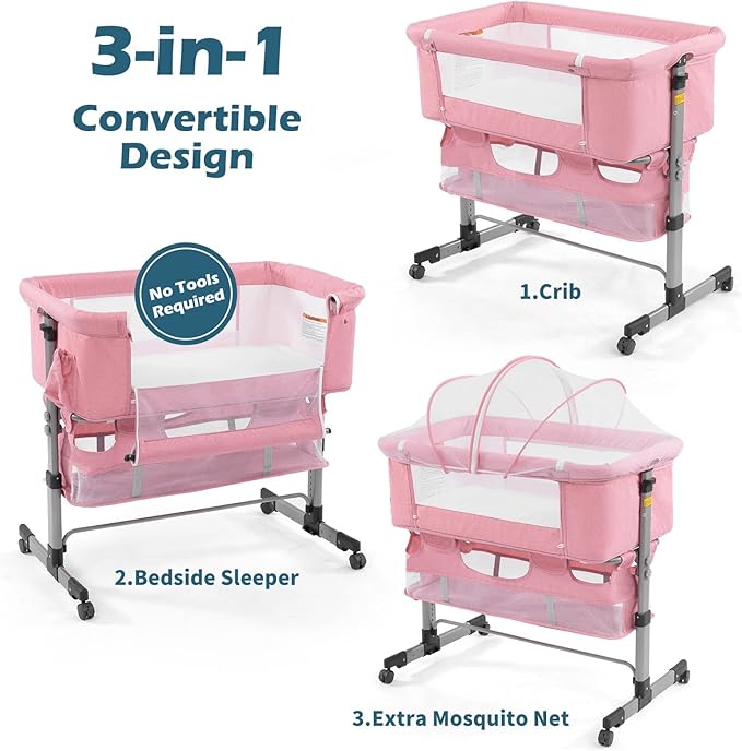 3 in 1 Travel Baby Crib,Baby Bed with Breathable Net,Adjustable Portable Bed for Infant/Baby with Detachable Mosquito net and Mattress,Pink - LeafyLoom