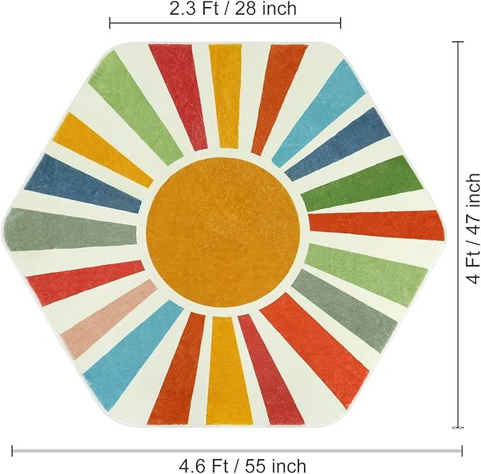Rainbow Machine Washable Rug for Playroom Kids Room, 4'x 4'7" Boho Sun Kids Rug for Girls Boys, Non-Slip Sunshine Carpet Small Play Rug for Classroom Reading Corner Dorm - LeafyLoom