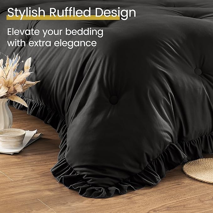 Queen Bed in a Bag 7 Pieces Comforter Set Queen, Ruffle Bedding Comforter Set Black Bed Set with Comforter, Pillowcases, Flat Sheet, Fitted Sheet and Pillow Shams - LeafyLoom
