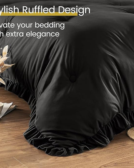 Full Bed in a Bag 7 Pieces Full Size Comforter Set, Ruffle Shabby Chic Bedding Comforter Set Black Bed Set with Comforter, Pillowcases, Flat Sheet, Fitted Sheet and Pillow Shams - LeafyLoom