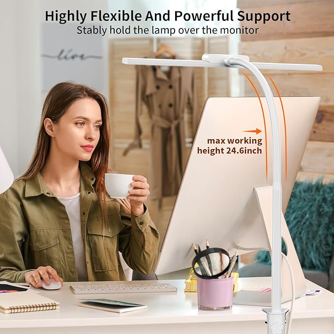 KableRika Desk Lamp,Led Desk Lamps with Clamp,Architect Desk Lights for Home Office Desktop Office Lamp 4-Brightness 4-Color Eye Care Overhead Table Lamp for Computer Monitor Study Reading White - LeafyLoom
