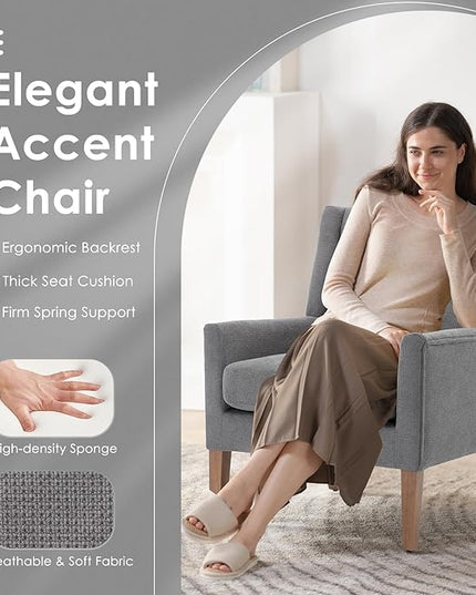 COLAMY Modern Wingback Living Room Chair, Upholstered Fabric Accent Armchair, Single Sofa chair with Lounge Seat and Wood Legs for Bedroom/Office/Reading Spaces, Gery - LeafyLoom