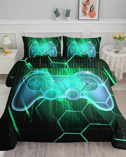 Axolotl Gamepad Comforter Set Twin Size,Number Video Gaming Gamer Bedding Set,Boys Game Console Comforter Set,Geometry Hexagonal Bedding Set for Teens Men Adults,1 Quilt 2 Pillowcases,Green Black - LeafyLoom