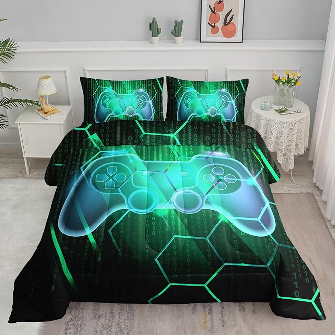 Axolotl Gamepad Comforter Set Full Size,Number Video Gaming Gamer Bedding Set,Boys Game Console Comforter Set,Geometry Hexagonal Bedding Set for Teens Men Adults,1 Quilt 2 Pillowcases,Green Black - LeafyLoom