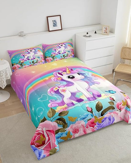 Cartoon Unicorn Kids Comforter Set Queen Size,Roses Flowers Butterfly Princess Bedding Set,Girls Women Room Decor,Rainbow Unicorn Cute Down Comforter,Pink Blue Romantic Duvet Insert,2 Pillowcases - LeafyLoom
