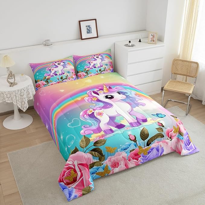 Cartoon Unicorn Kids Comforter Set Queen Size,Roses Flowers Butterfly Princess Bedding Set,Girls Women Room Decor,Rainbow Unicorn Cute Down Comforter,Pink Blue Romantic Duvet Insert,2 Pillowcases - LeafyLoom
