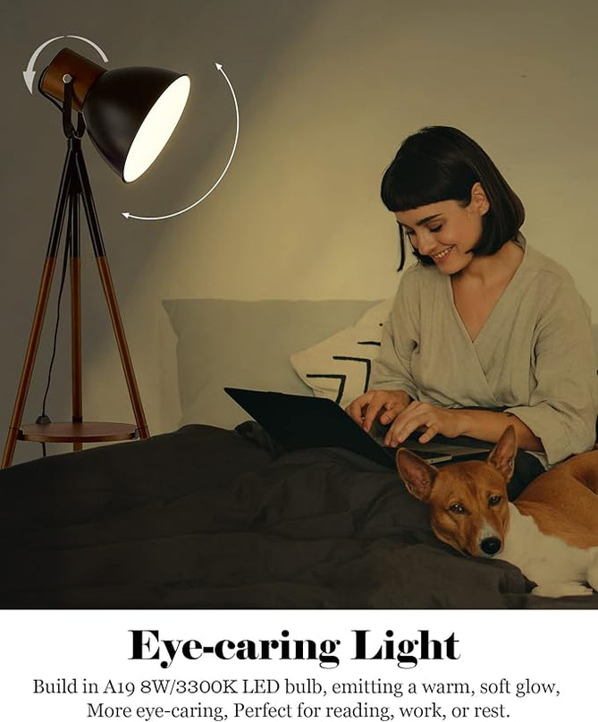 ELYONA Dimmable Tripod Floor Lamp with Table, Wood Standing Lamp with Adjustable Metal Shade, Modern End Table with Reading Light for Livingroom, Bedroom, Office, LED Bulb Included, Black & Brown - LeafyLoom