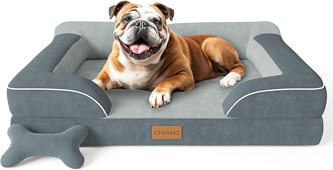 Large Dog Bed, Orthopedic with Cooling Gel Memory Foam, Waterproof with Removable Washable Cover, 36" Dog Sofa Couch Dutch Velvet with Bone Toy, Dark Gray LeafyLoom