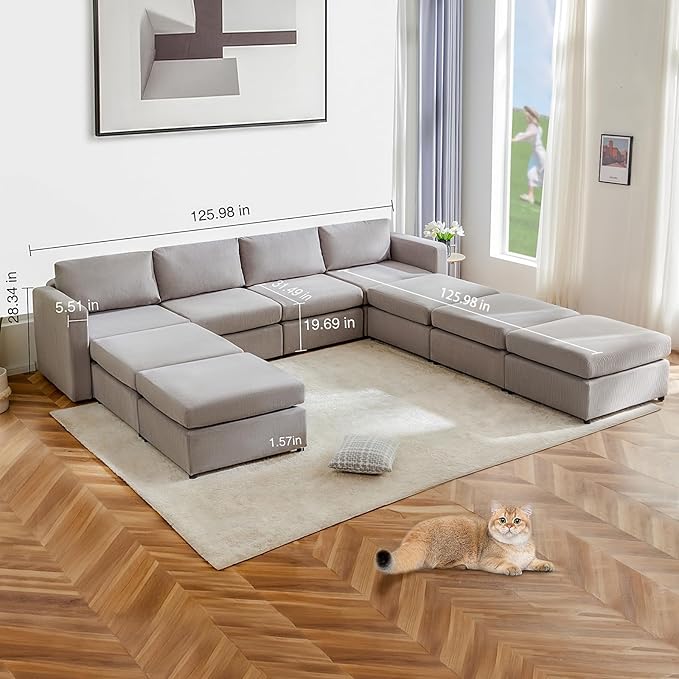 Sweetcrispy Convertible Modular Sectional Sofa, 9 Seat Sectional Couches for Living Room, U-Shaped Modern Fabric Modular Sofa Sleeper with Double Chaise for Home, Apartment, Dorm, Grey - LeafyLoom
