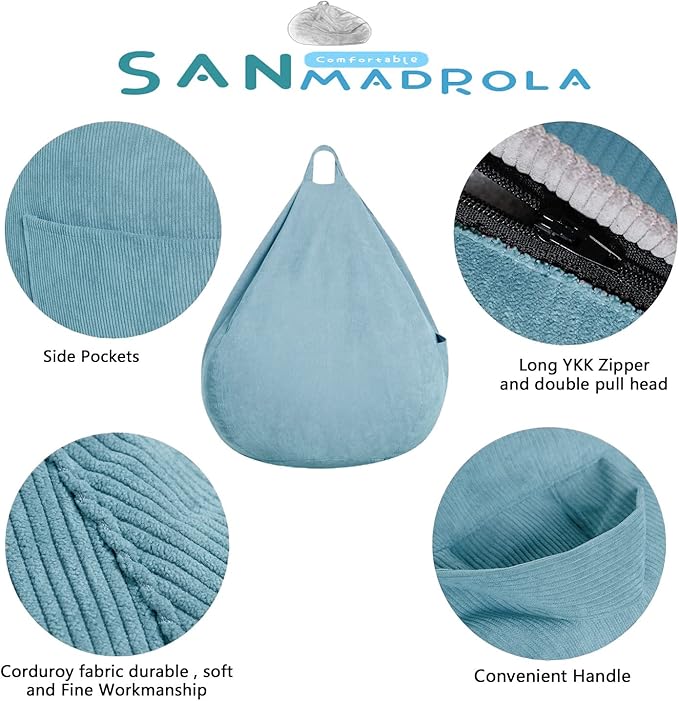 Stuffed Animal Storage Bean Bag Chair Cover (No Filler) for Kids and Adults.Soft Premium Corduroy Stuffable Beanbag for Organizing Children Plush Toys or Memory Foam Large 300L(LightBlue) - LeafyLoom
