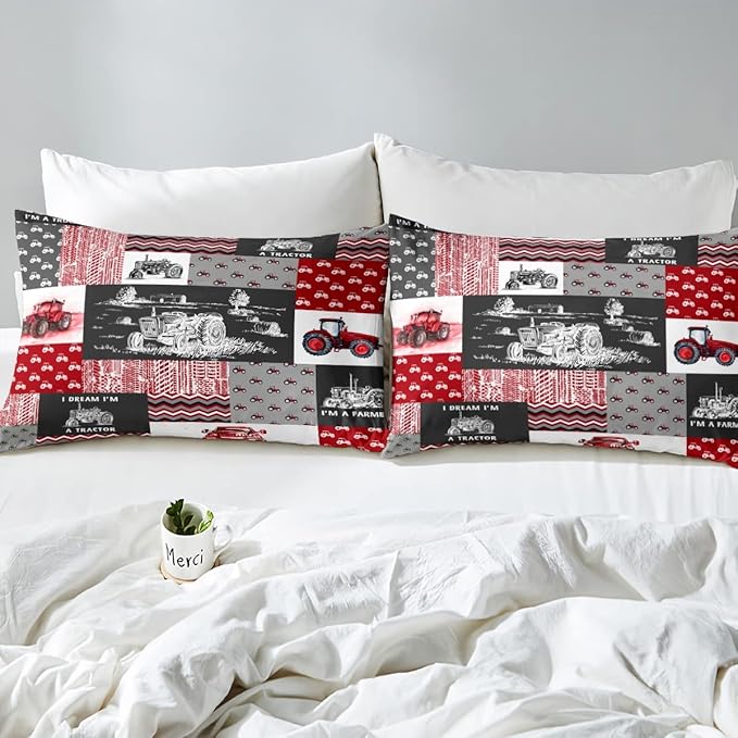 Erosebridal Red Tractor Bedding Set for Boys Full,Construction Tractor Comforter Set Kids Teens Equipment Trucks Down Comforter Black White Construction Vehicle Quilt Set Bedroom Decor - LeafyLoom
