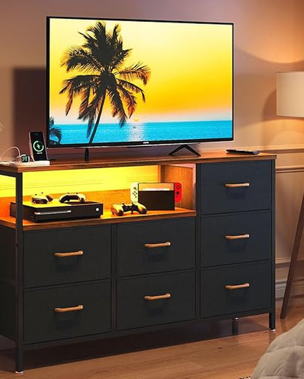 AODK Dresser with LED Lights and Power Outlet, 52-Inch Long Dresser TV Stand for Bedoom, Fabric TV Stand with 7 Large Storage Drawers and Shelves for Living Room, Vintage and Black - LeafyLoom