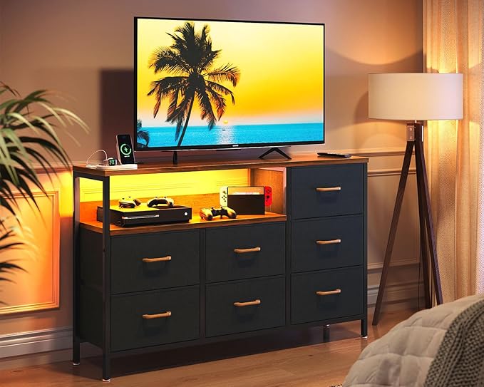 AODK Dresser with LED Lights and Power Outlet, 52-Inch Long Dresser TV Stand for Bedoom, Fabric TV Stand with 7 Large Storage Drawers and Shelves for Living Room, Vintage and Black - LeafyLoom
