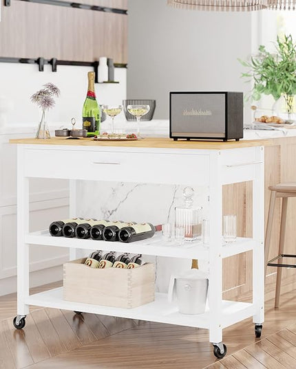 Shintenchi Kitchen Island Cart with Storage,Rolling Kitchen Island Side Table on Wheels with Large Worktop,Storage Cabinet,Towel Rack,Drawers and Open Shelves for Kitchen,Dinning Room,White - LeafyLoom