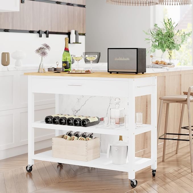 Shintenchi Kitchen Island Cart with Storage,Rolling Kitchen Island Side Table on Wheels with Large Worktop,Storage Cabinet,Towel Rack,Drawers and Open Shelves for Kitchen,Dinning Room,White - LeafyLoom