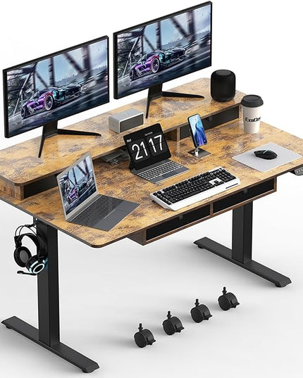 Electric Standing Desk, 63 * 30 Inches Adjustable Height with 4 Drawers, Double Storage Shelves Stand Up Desk, Home Office Workstation Sit Stand up Desk (Rustic Brown) - LeafyLoom