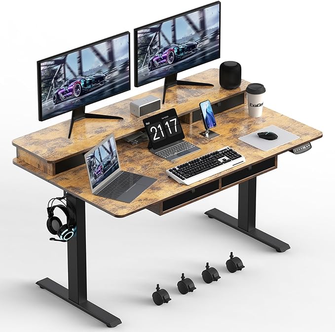 Electric Standing Desk, 63 * 30 Inches Adjustable Height with 4 Drawers, Double Storage Shelves Stand Up Desk, Home Office Workstation Sit Stand up Desk (Rustic Brown) - LeafyLoom