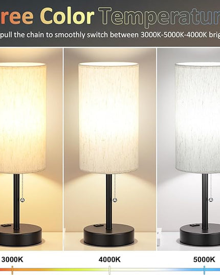 Plus Bedside Table Lamps Set of 2 - 3 Color Temperatures Pull Chain Lamp with AC Outlet Charging Port, Two Round Night Stand Lamps for Bedroom Guest Room Office, Bed Side Light with E26 LED Bulbs - LeafyLoom