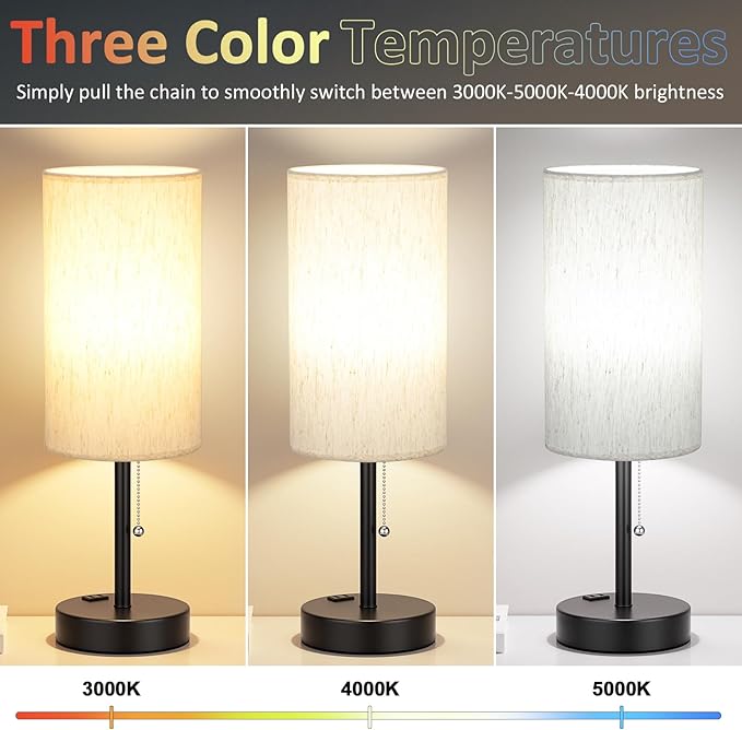 Plus Bedside Table Lamps Set of 2 - 3 Color Temperatures Pull Chain Lamp with AC Outlet Charging Port, Two Round Night Stand Lamps for Bedroom Guest Room Office, Bed Side Light with E26 LED Bulbs - LeafyLoom