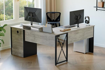 Bestier L Shaped Desk with Drawers, 55 inch Office L Desk with Reversible File Drawer, Industrial Wood Computer Desk with Monitor Stand (Retro Grey Oak Light) - LeafyLoom