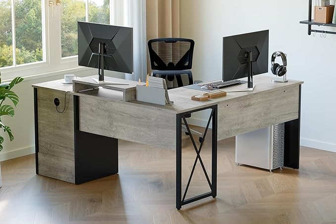 Bestier L Shaped Desk with Drawers, 55 inch Office L Desk with Reversible File Drawer, Industrial Wood Computer Desk with Monitor Stand (Retro Grey Oak Light) - LeafyLoom