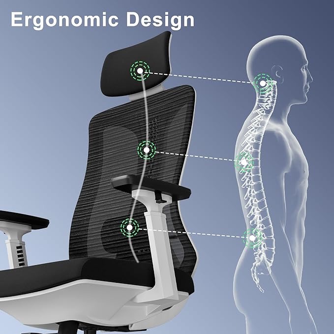 Ergonomic Mesh Office Chair, High Back Desk Chair with 3D Armrests, Adjustable Lumbar Cushion & Adjustable Headrest, Swivel Computer Task Chair with Tilt Function - LeafyLoom