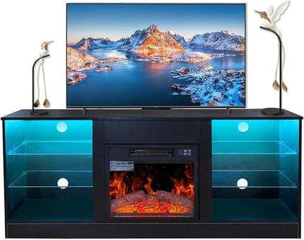 Fireplace TV Stand with LED Lights,Entertainment Center for TVs UP to 65" Televisions,Modern TV Console with Electric Fireplace for Living Room Bedroom - LeafyLoom