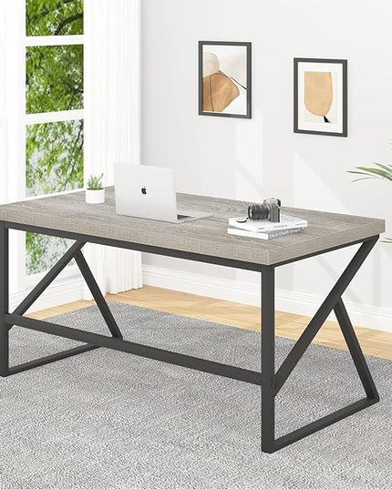 HSH Large Computer Desk, Industrial Metal Wood Gray Home Office Desk, Modern Long Work Study Writing Gaming Table, Student Simple PC Laptop Desk for Bedroom Living Room, Light Grey Oak, 60 Inch - LeafyLoom