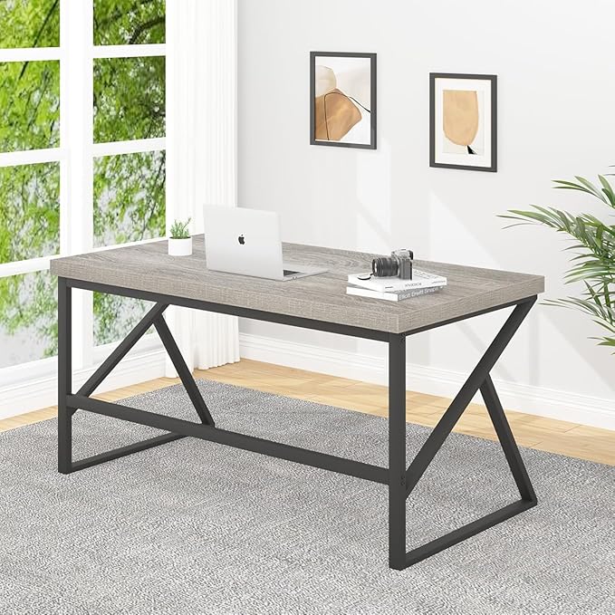HSH Large Computer Desk, Industrial Metal Wood Gray Home Office Desk, Modern Long Work Study Writing Gaming Table, Student Simple PC Laptop Desk for Bedroom Living Room, Light Grey Oak, 60 Inch - LeafyLoom