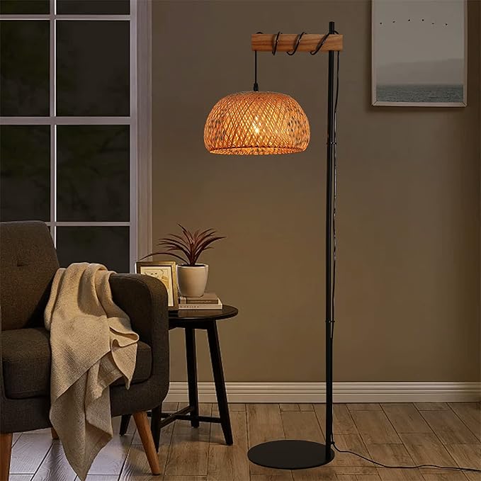 Industrial Tall Floor Lamp for Living Room Bamboo Lampshade, Black Lights Fixtures with Cord On/Off Switch E26 Base Industrial Modern Wire Wood Decoration Standing Lamp for Bedroom (No Bulb) - LeafyLoom