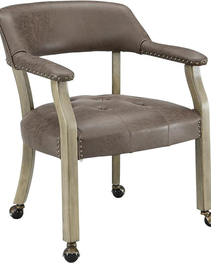 Large Dining Chairs with Casters and Arms, Rolling Dining Chairs with Wheels, Solid Wood Boss Caption's Chairs Office Chairs, 26"D x 25.2"W x 31.5"H, Soft Grey Legs & Dark Brown SY-1318-DK - LeafyLoom