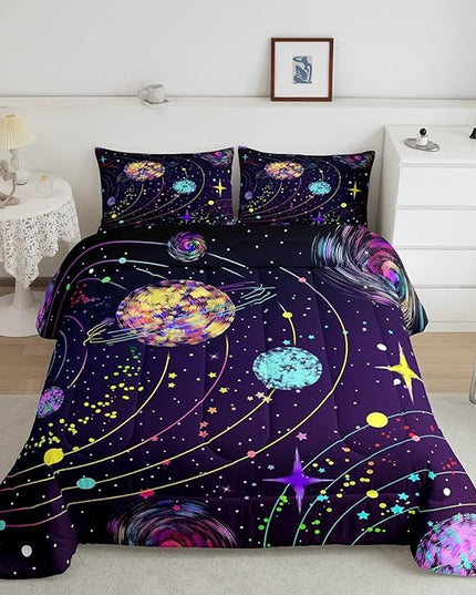 Feelyou Solar System Comforter Set Queen Size Outer Space Comforter for Kids Teens Adults Universe Planets Bedding Set Cute Astronaut Purple Duvet Set Room Decor 3Pcs with 2 Pillow Case - LeafyLoom
