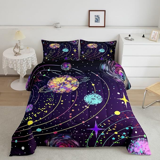 Feelyou Solar System Comforter Set Full Size Outer Space Comforter for Kids Teens Adults Universe Planets Bedding Set Cute Astronaut Purple Duvet Set Room Decor 3Pcs with 2 Pillow Case - LeafyLoom