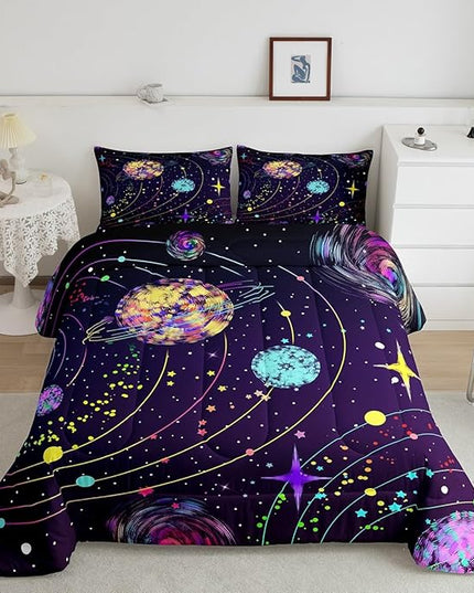 Feelyou Solar System Comforter Set King Size Outer Space Comforter for Kids Teens Adults Universe Planets Bedding Set Cute Astronaut Purple Duvet Set Room Decor 3Pcs with 2 Pillow Case - LeafyLoom