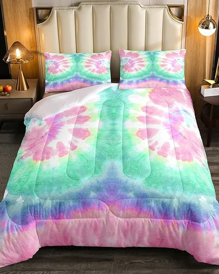 Erosebridal Kids Tie Dye Comforter Set, Bohemian Psychedelic Duvet Sets Full Size for Girls Boys Teens Women Bedroom, Boho Gypsy Spiral Bedding Set Watercolor Trippy Duvet Insert, Pink Teal Blue - LeafyLoom