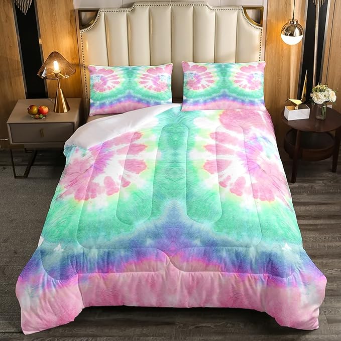Erosebridal Kids Tie Dye Comforter Set, Bohemian Psychedelic Duvet Sets Full Size for Girls Boys Teens Women Bedroom, Boho Gypsy Spiral Bedding Set Watercolor Trippy Duvet Insert, Pink Teal Blue - LeafyLoom